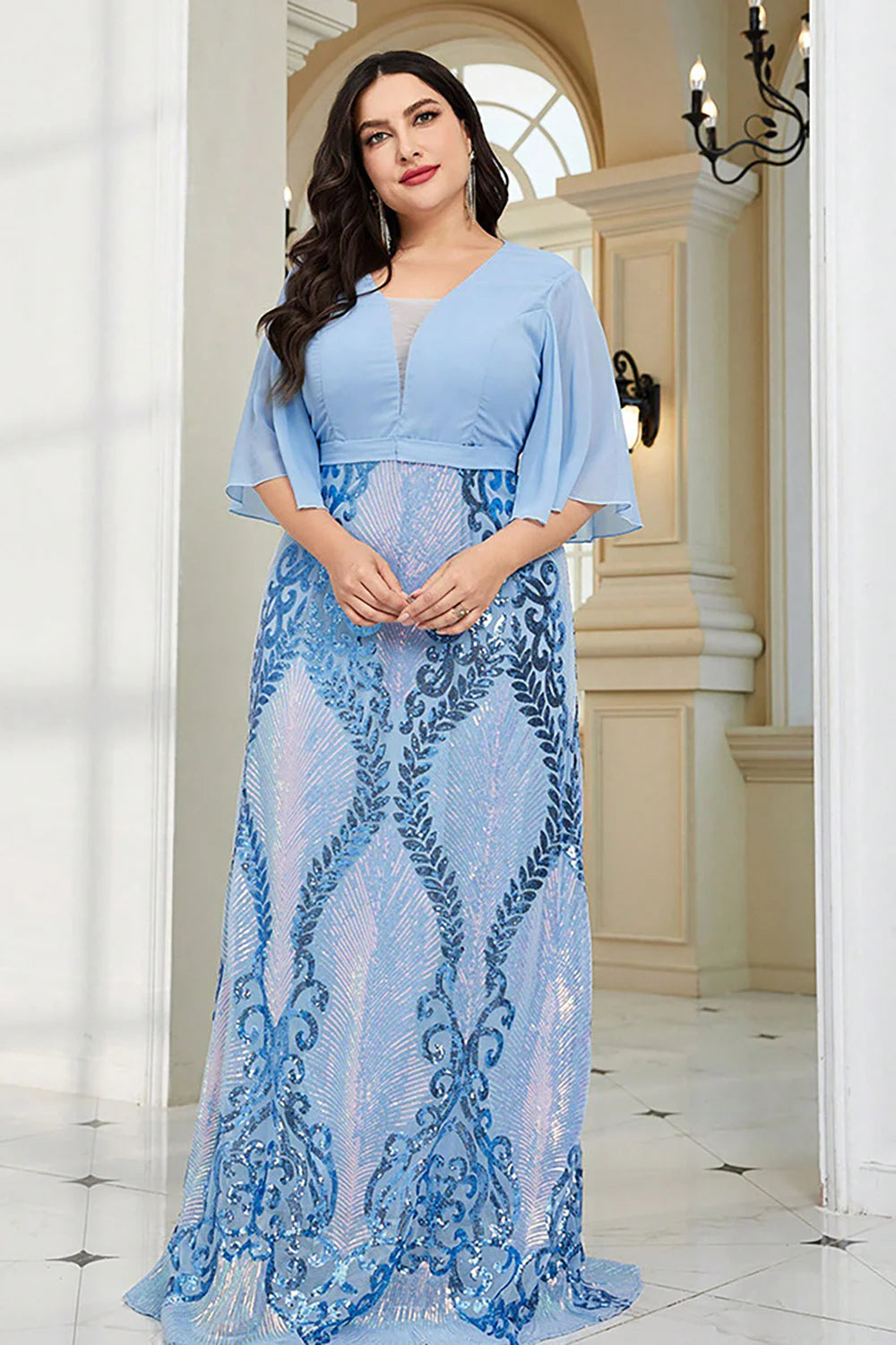 DingJiDress Sparkly Blue Plus Size Floor Length Wedding Party Dress With Short Sleeves