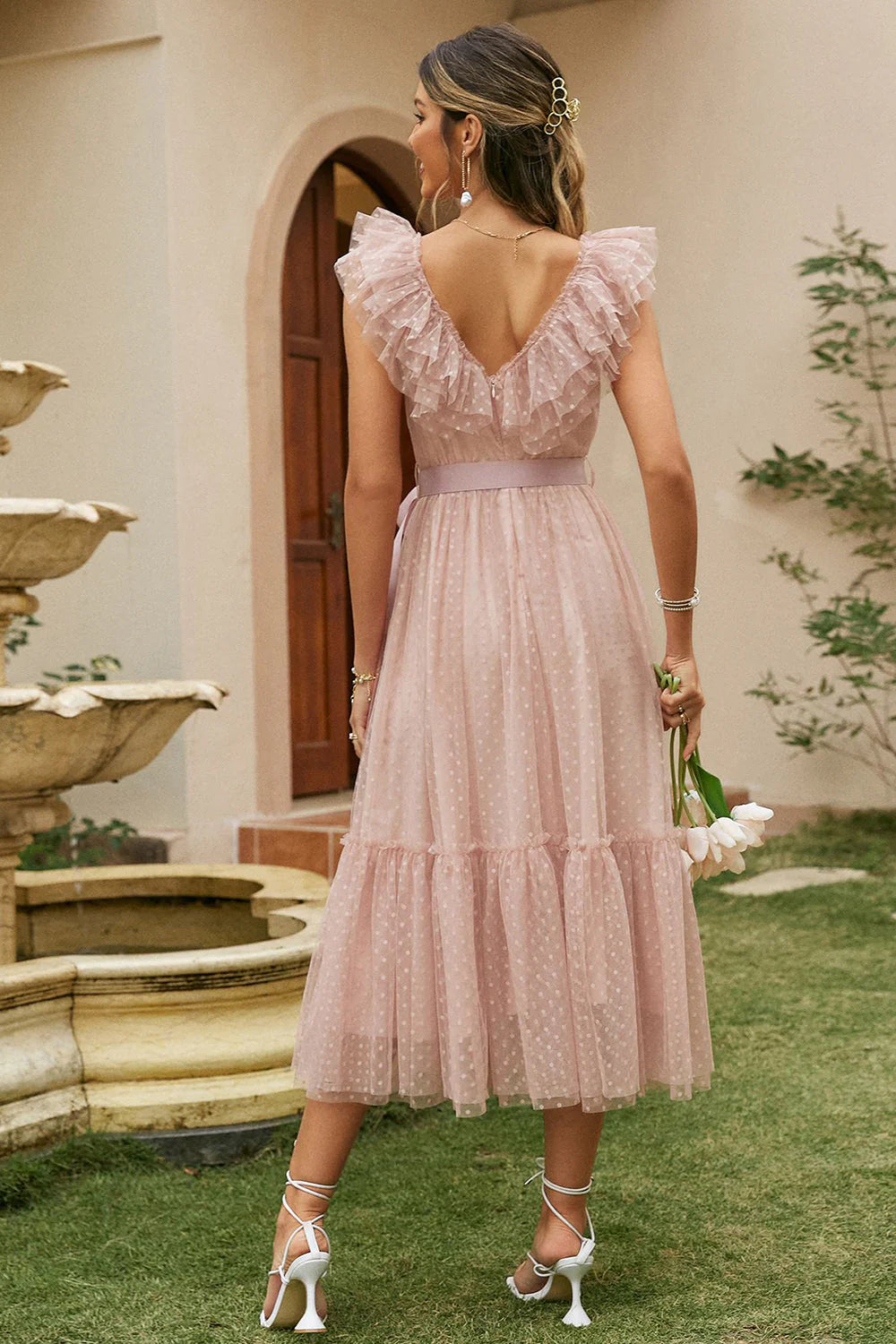 DingJiDress Fashion Blush A-Line V Neck Ruffled Wedding Guest Dress With Sash