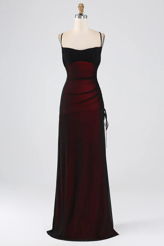 DingJiDress Black Red Wedding Guest Dresses Sheath Spaghetti Straps Floor Length Bridesmaid Dress