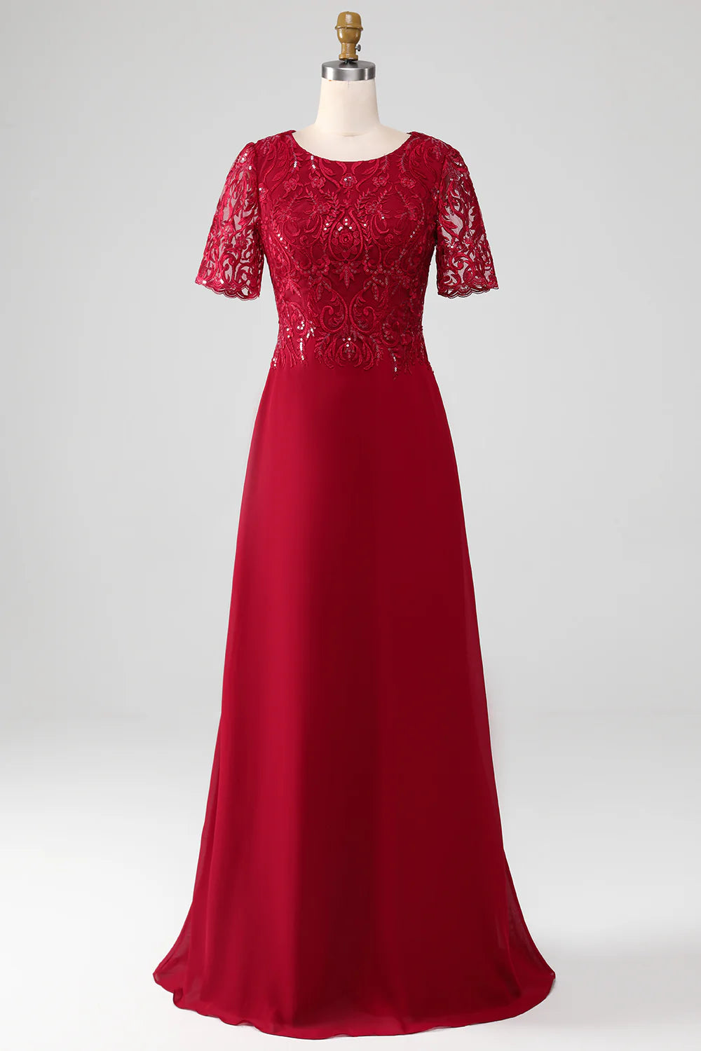 DingJiDress Elegant Fall Wedding Guest Dress November Sparkly Burgundy A Line Round Neck Sequin Mother of Bride Dress with Appliques