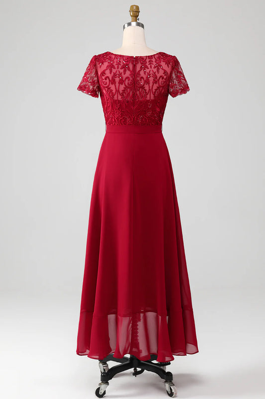 DingJiDress Elegant Fall Wedding Guest Dress Burgundy A Line Sparkly Sequin Mother of Bride Dress with Appliques