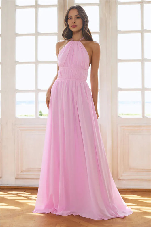 Casual Fashion A-line Halter Pleated Tie Open Back Pink Floor Length Prom Dress
