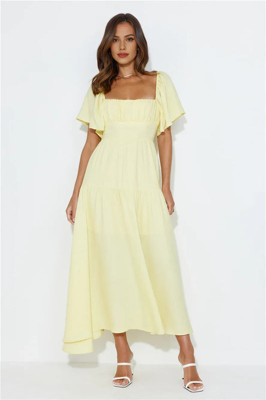Casual Lovely A-line Square Neck Cap Sleeve Tie Yellow Tea-Length Prom Dress