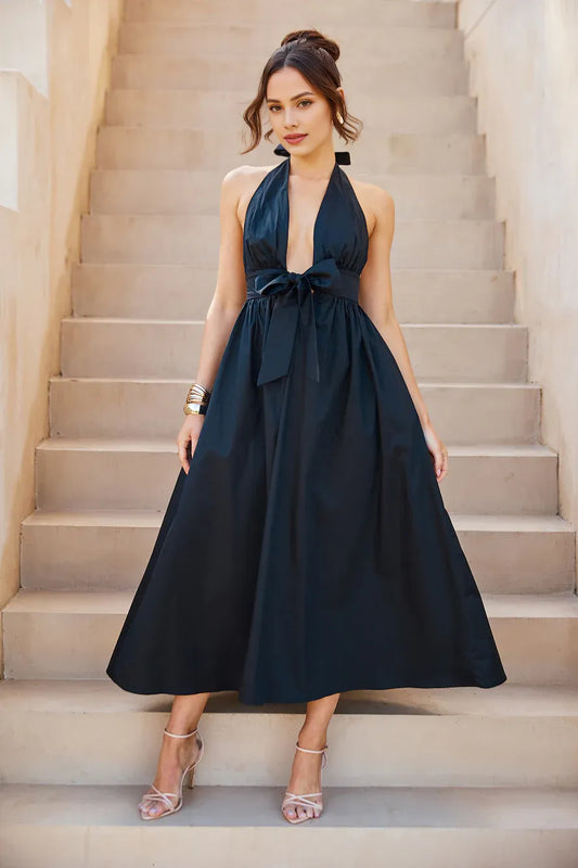 Casual Simple A-line Halter Bow Open Back Black Midi Prom Dress With Pocket