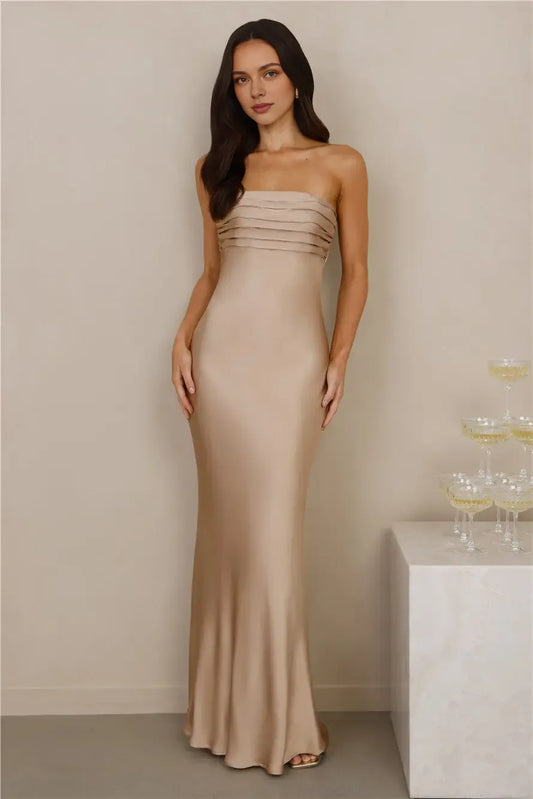Casual Simple Sheath Strapless Pleated Satin Champagne Maxi Evening Dress