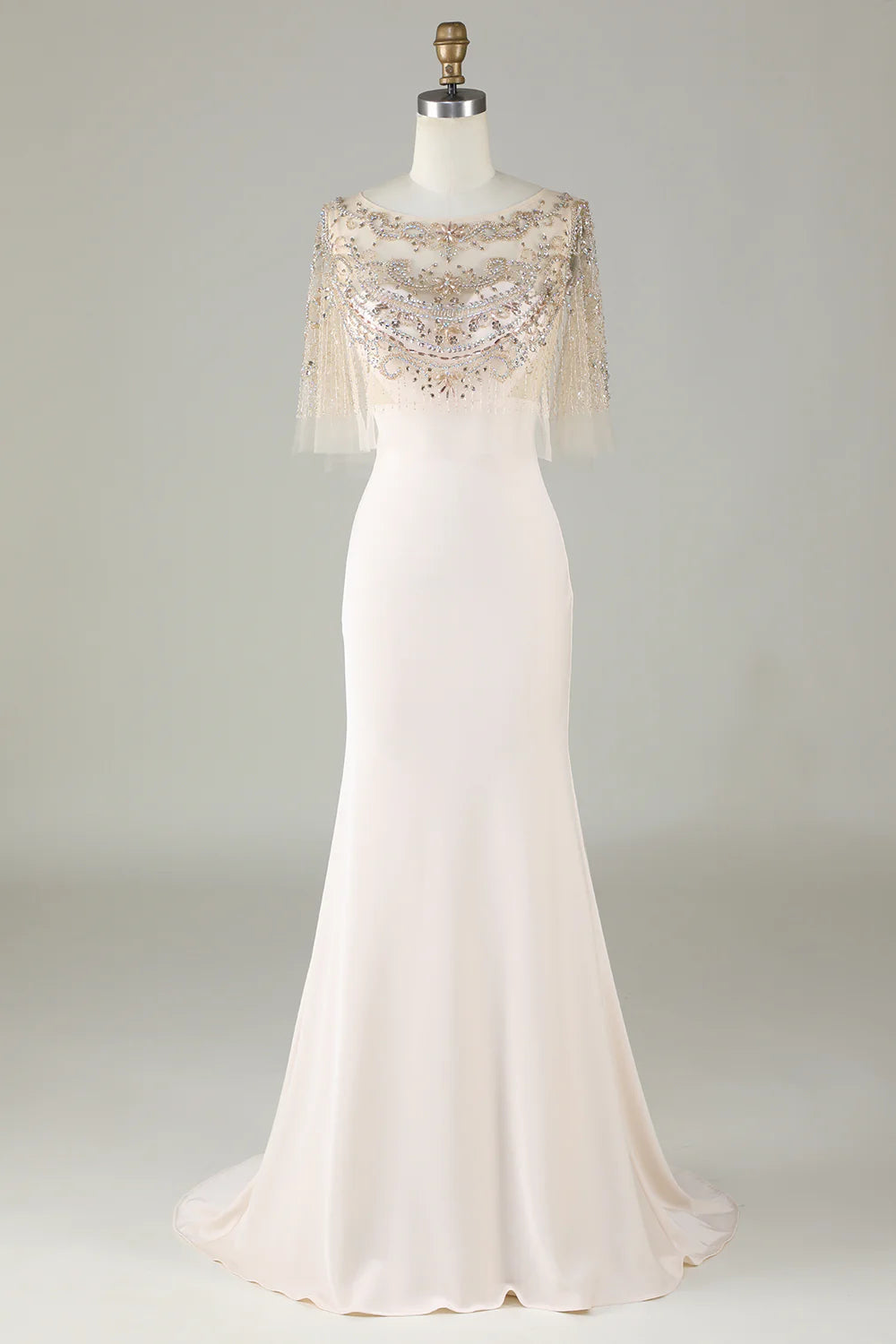 DingJiDress Sparkly Champagne Boat Neck Beaded Mermaid Long Prom Dress