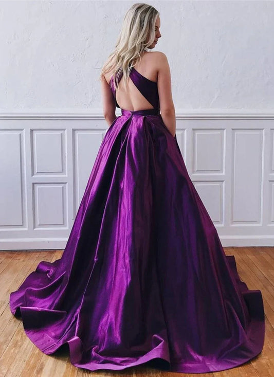 DingJiDress Prom Dresses Backless Sleeveless A Line High Neck Long Satin