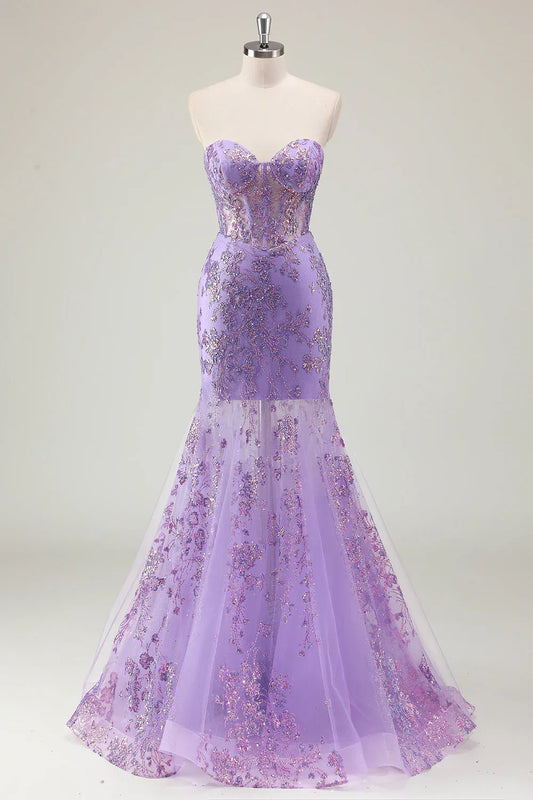 Charming Mermaid Strapless Corset Sequins Appliques Lavender Maxi Prom Dress