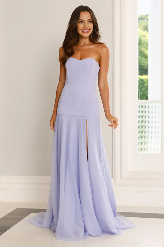 Charming Strapless Layered Slit Mesh Lilac Maxi Prom Dress With Short Train