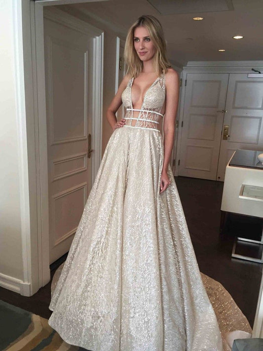 DingJiDress Prom Dresses Sparkly Deep V Neck Straps Wedding Dress Sequin
