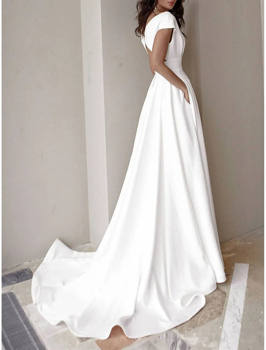 Chic A-Line V-Neck Cap Sleeve Cutout Slit White Train Prom Dress With Pocket For Lady