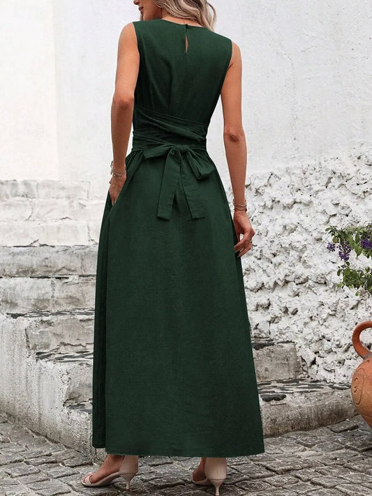 Chic A-Line Crew Neck Sleeveless Belted Emerald Green Maxi Prom Dress With Pocket Ready to Ship
