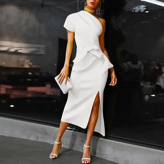 Chic Sheath One-Shoulder Asymmetric Sleeve Belted White Midi Evening Dress For Women Ready To Ship