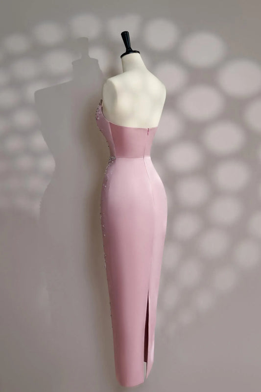 Chic Sheath Sweetheart Strapless Beaded Pink Midi-Length Evening Dress For Women Ready To Ship