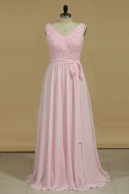 DingJiDress Beaded Bodice Chiffon Floor Length A Line V Neck Bridesmaid Dresses