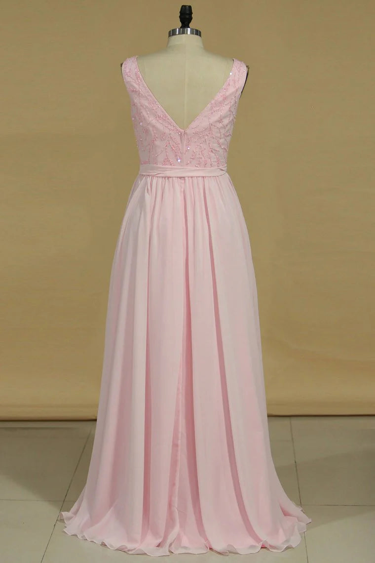 DingJiDress Beaded Bodice Chiffon Floor Length A Line V Neck Bridesmaid Dresses