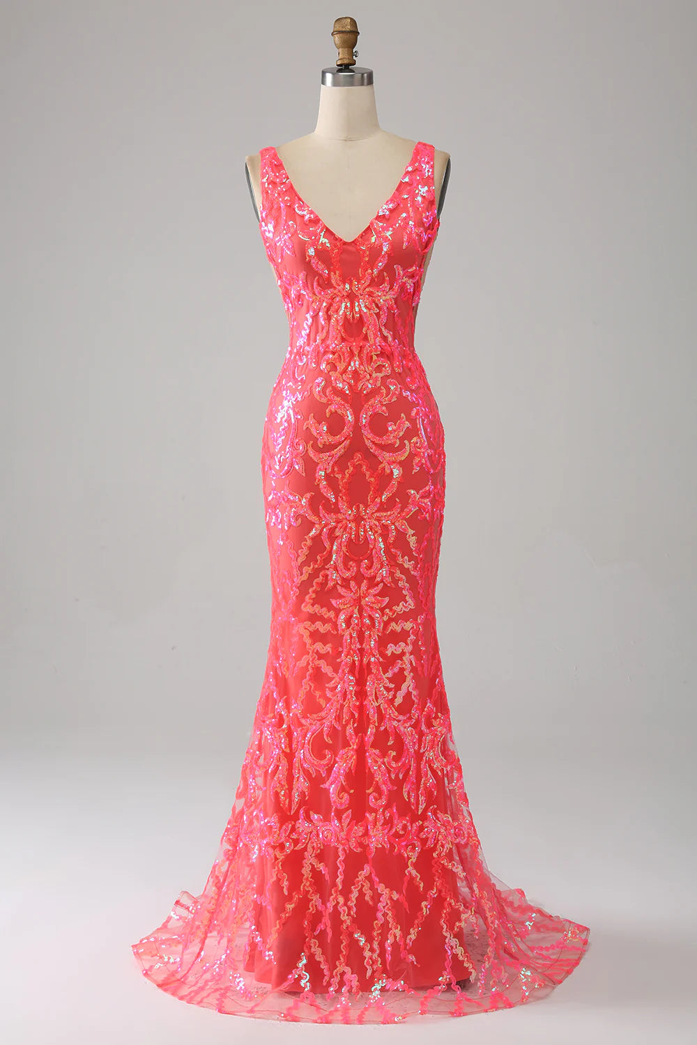 DingJiDress Coral Charming Mermaid Deep V Neck Sparkly Sequin Prom Dress with Embroidery