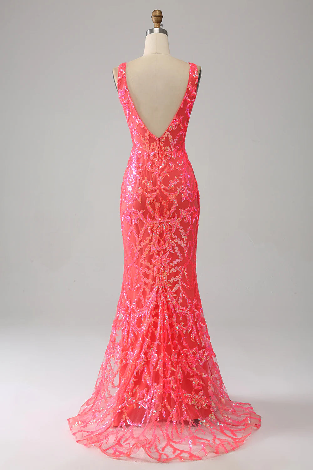DingJiDress Coral Charming Mermaid Deep V Neck Sparkly Sequin Prom Dress with Embroidery
