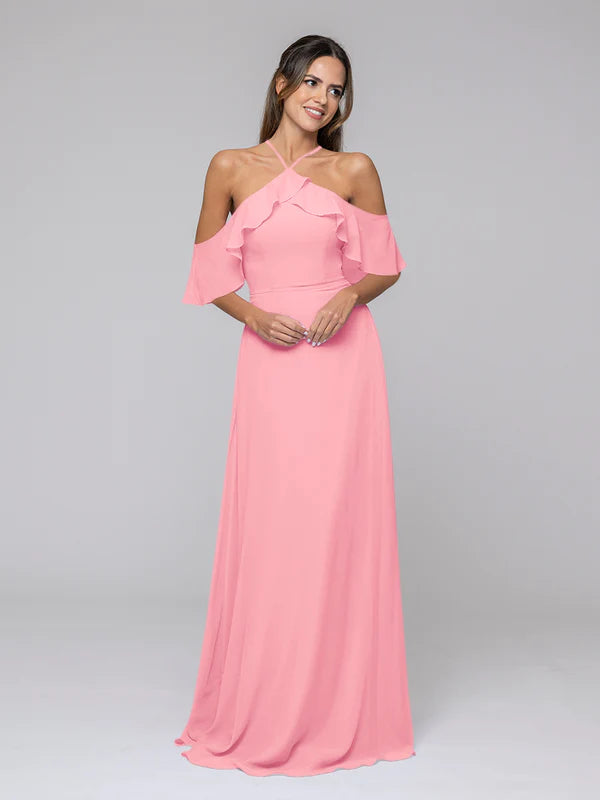 DingJiDress Halter Ruffles Off The Shoulder Chiffon Floor Length Bridesmaid Dresses