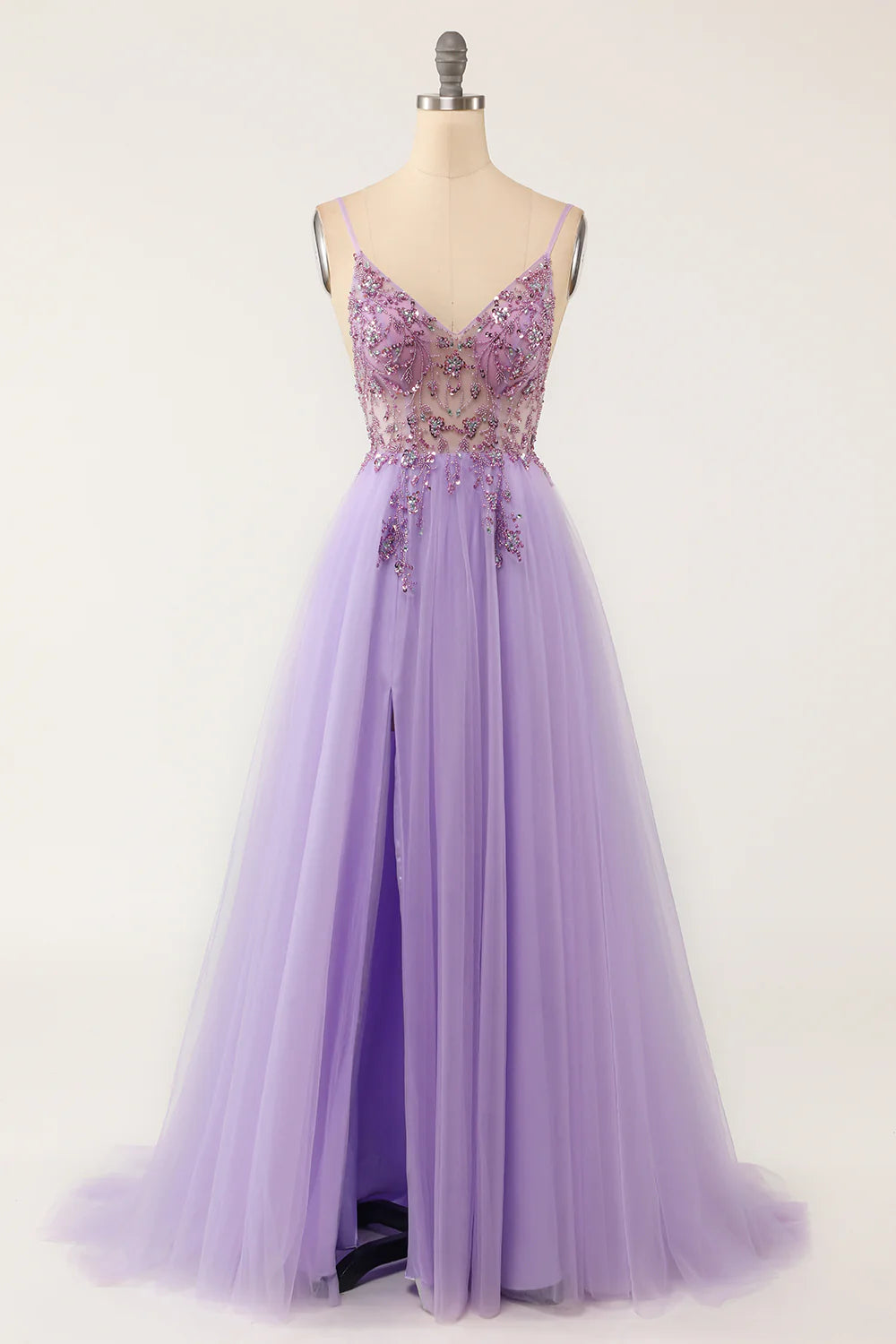 DingJiDress Purple Beaded Tulle Long Prom Dress