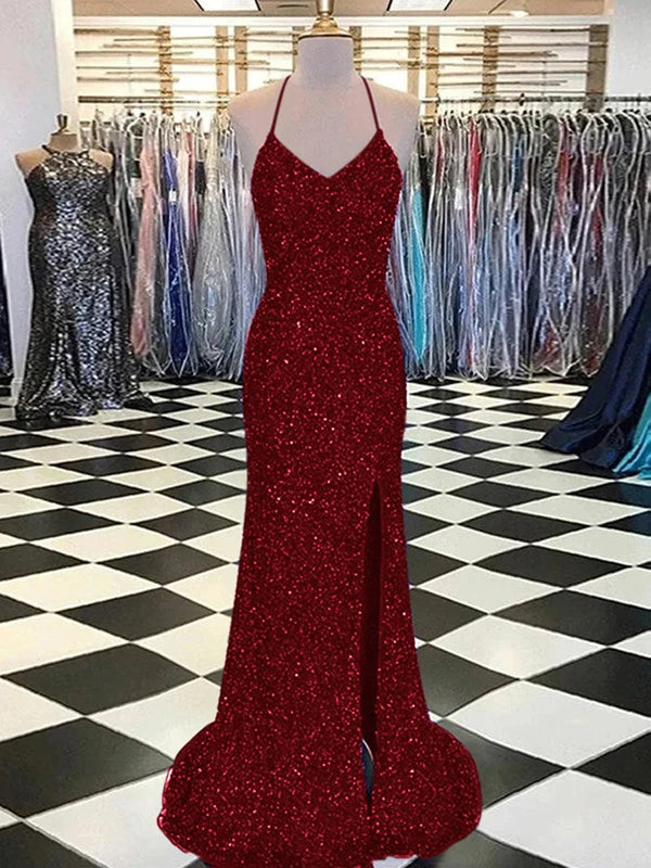DingJiDress Sheath V-Neck Sleeveless Long Sweep Train Velvet Sequin Prom Dress