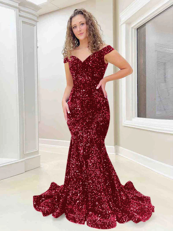 DingJiDress Mermaid Off the Shoulder Sleeveless Long Velvet Sequin Prom Dress
