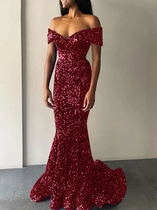 DingJiDress Mermaid Off the Shoulder Sleeveless Sweep Train Velvet Sequin Prom Dress
