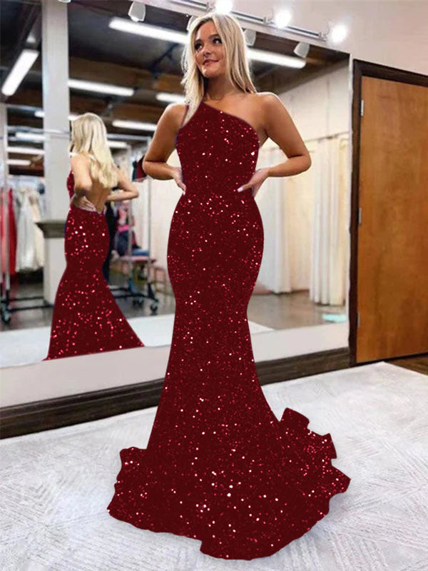 DingJiDress Mermaid One Shoulder Floor Length Ball Gown Prom Dresses
