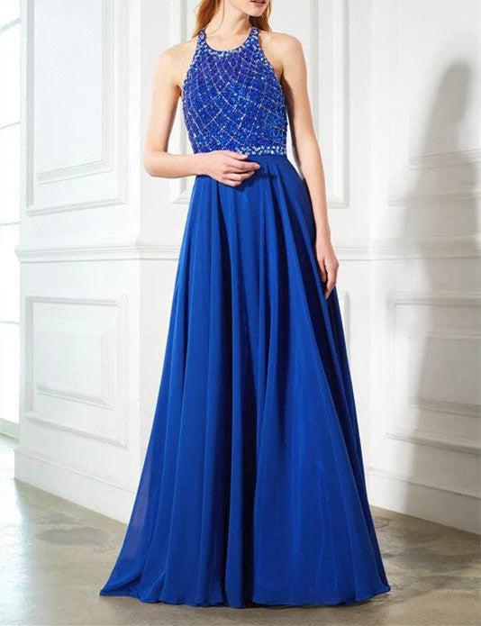DingJiDress A Line Prom Dresses Dark Royal Blue Beaded Bodice Open Back Chiffon & Tulle
