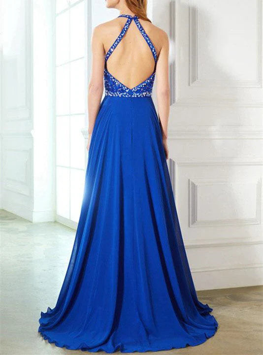 DingJiDress A Line Prom Dresses Dark Royal Blue Beaded Bodice Open Back Chiffon & Tulle