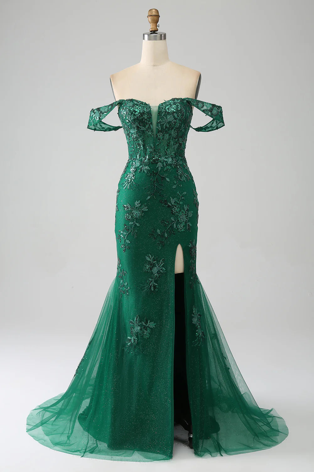 DingJiDress Mermaid Off The Shoulder Dark Green Prom Dress with Appliques