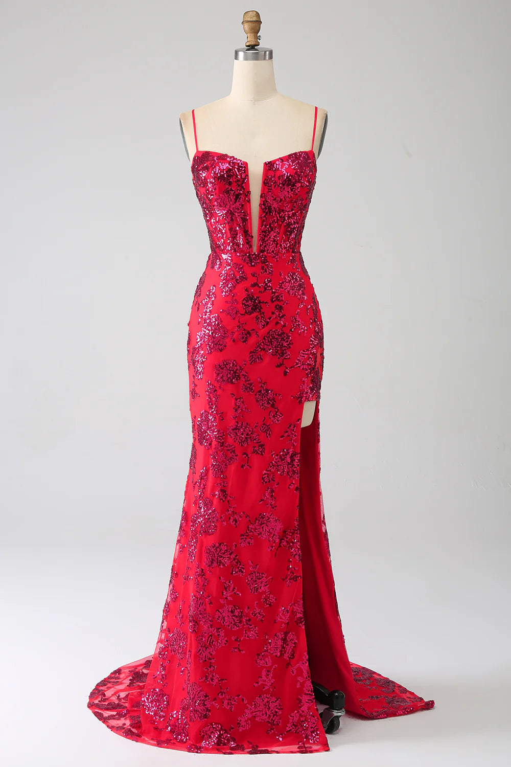 DingJiDress Mermaid Dark Red Sequins Prom Dress with Slit
