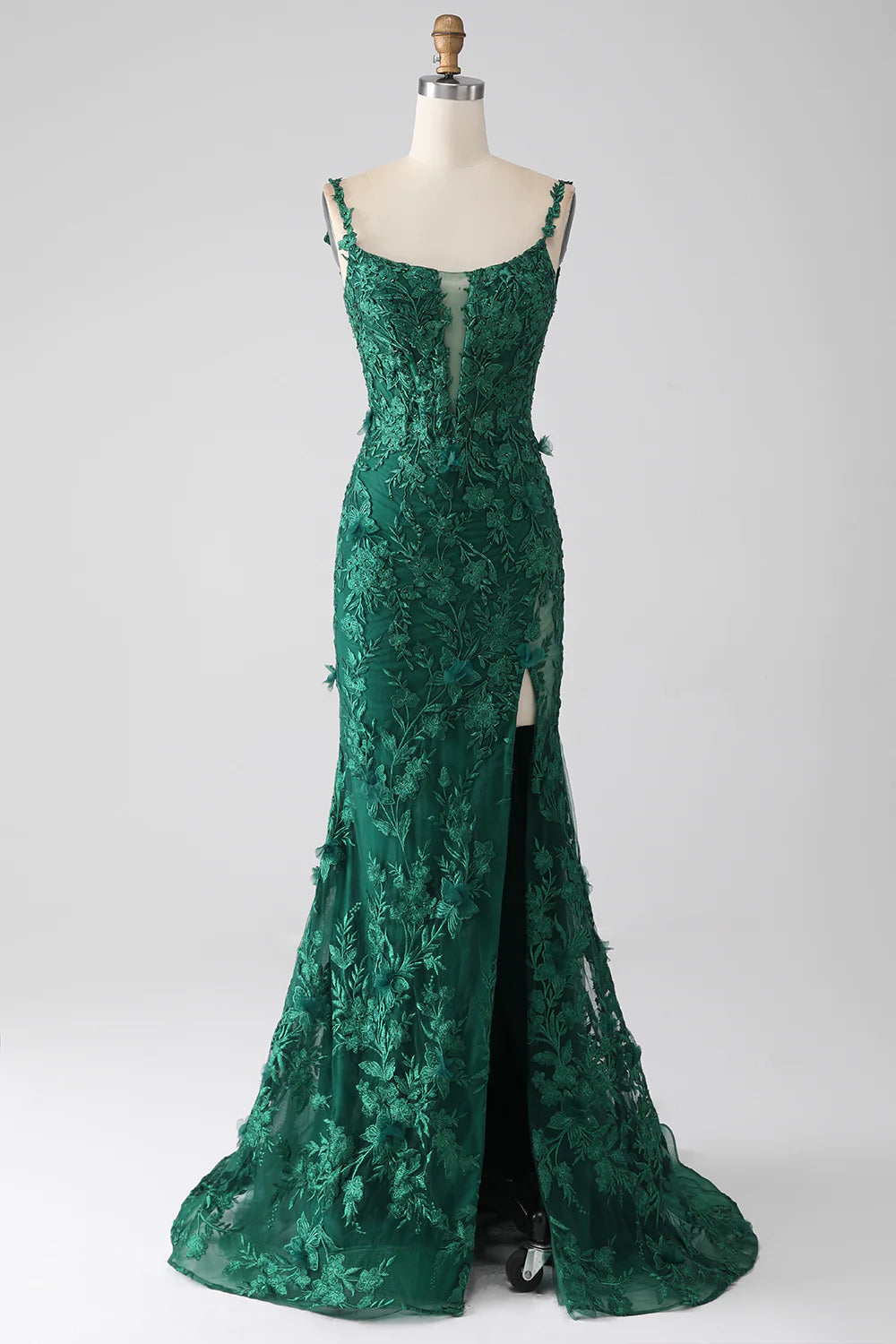 DingJiDress Dark Green Mermaid Spaghetti Straps Long Prom Dress with Appliques