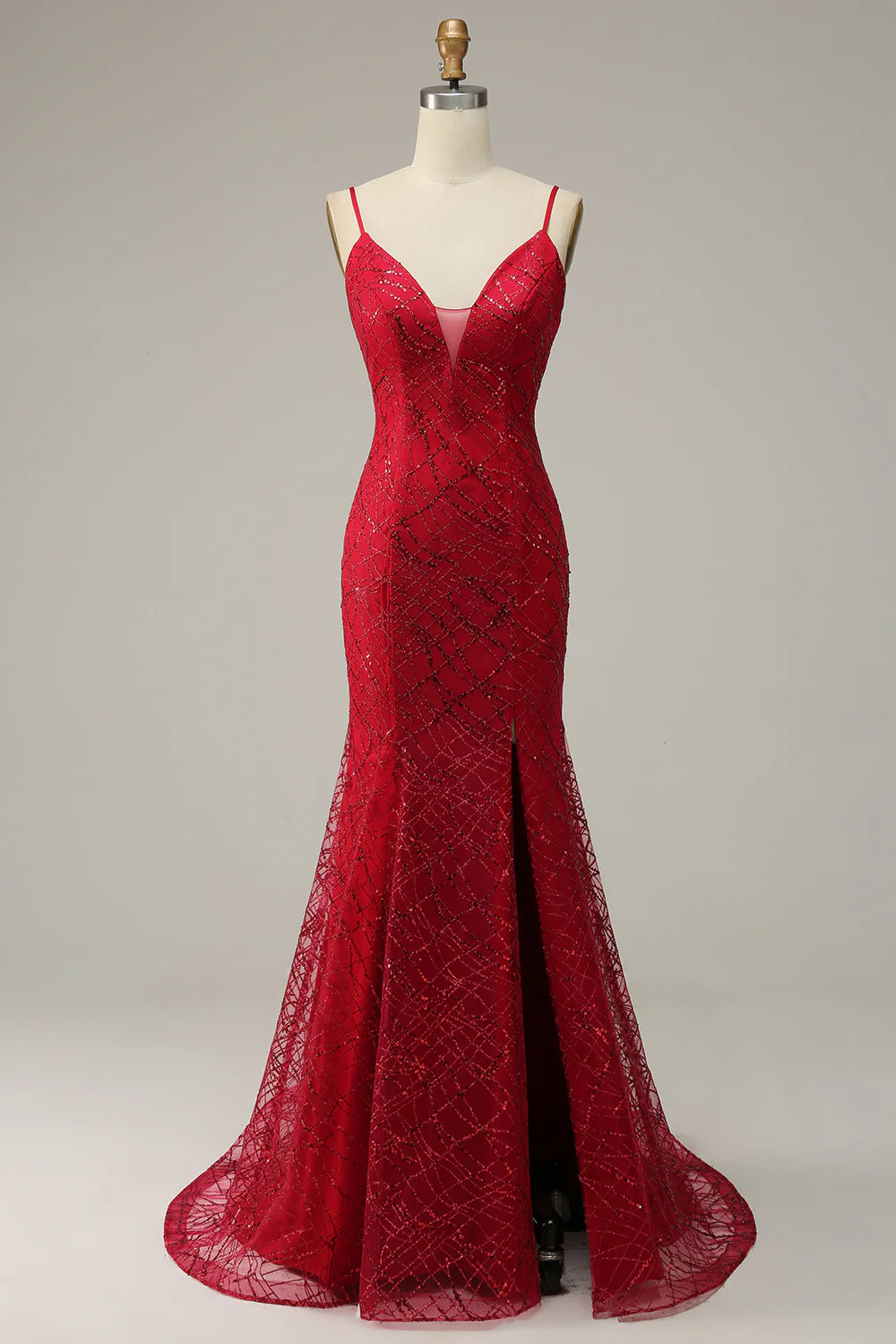 DingJiDress Dark Red Spaghetti Straps Mermaid Prom Dress with Slit