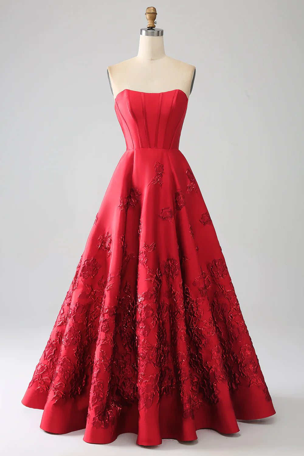 DingJiDress Elegant Princess A-Line Strapless Dark Red Long Prom Dress with 3D Flowers