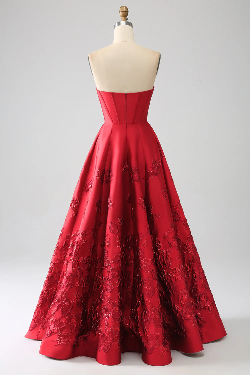 DingJiDress Elegant Princess A-Line Strapless Dark Red Long Prom Dress with 3D Flowers
