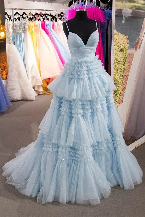 DingJiDress A Line Tulle Layered Deep V Neck Prom Dresses Elegant High Evening Dresses