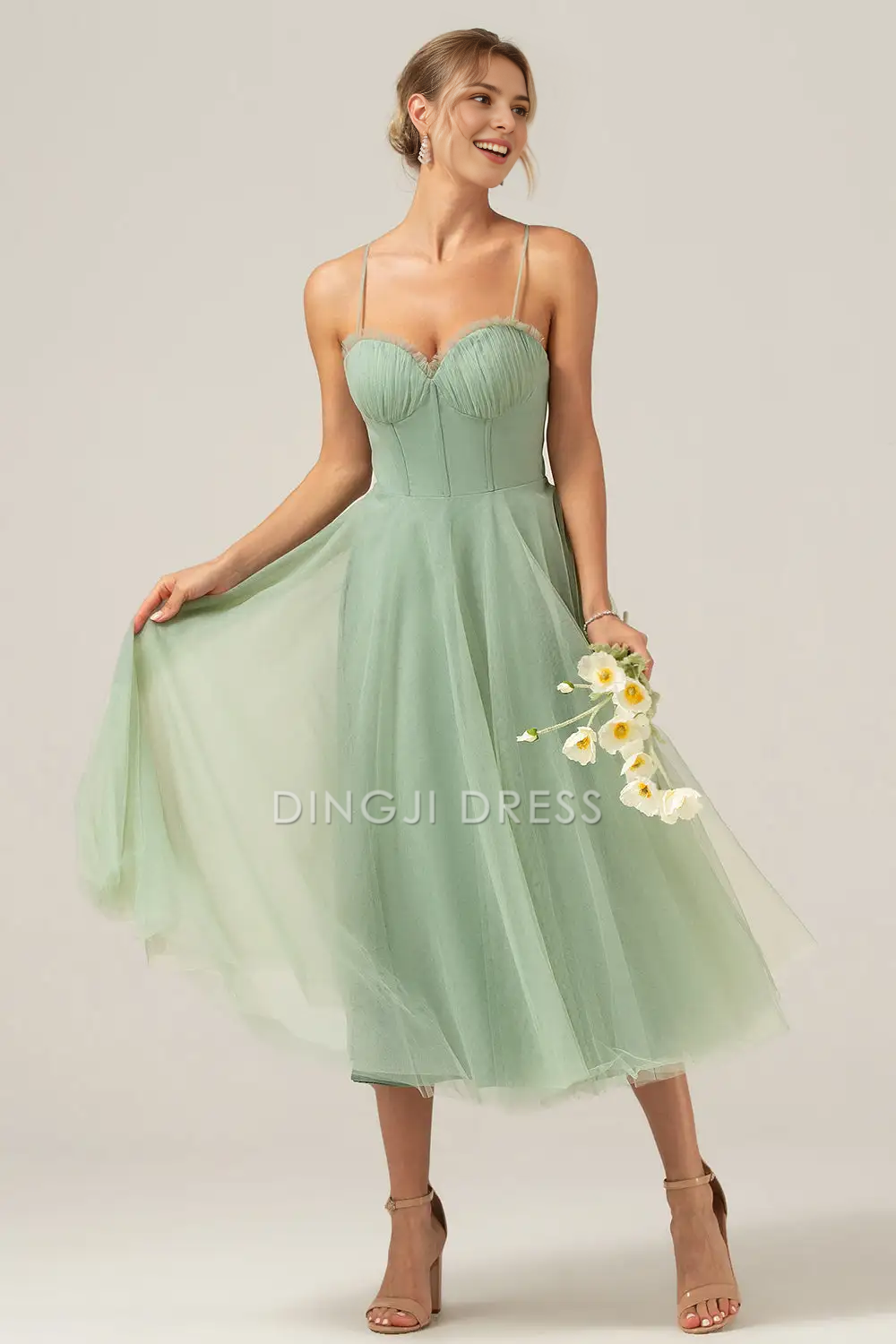 DingJiDress A-Line Sweetheart Neckline Corset Spaghetti Strap Backless Exquisite Tea-Length Party Dress Hot Sale Prom Dress