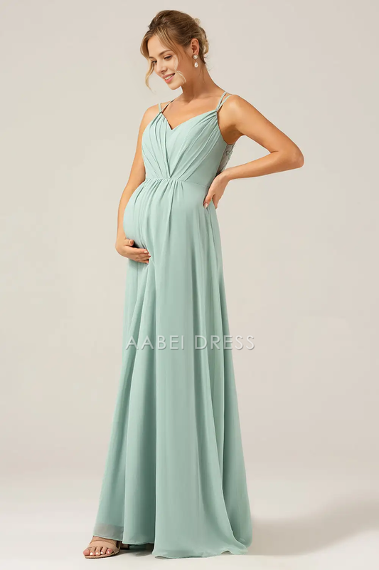 DingJiDress A-Line V Neck Double Spaghetti Straps Pleated Backless Pregnant Mother Elegant Party Dress Hot Sale Prom Dress