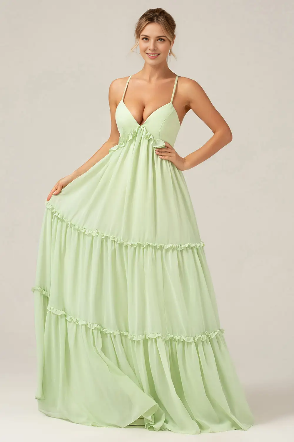 DingJiDress A Line Deep V Neck Layered Ruffles Backless With Lace-Up Fashion Long Maternity Party Dress Hot Sale Prom Dress