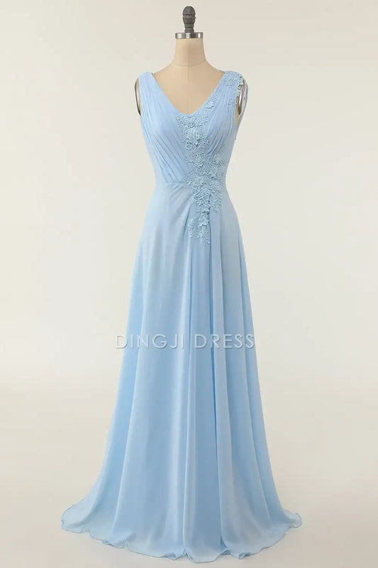 DingJiDress A Line V Neck Sleeveless Pleated Lace Applique Backless Exquisite Party Dress Hot Sale Prom Dress