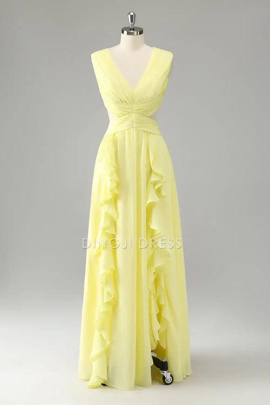 DingJiDress A Line V Neck Sleeveless Pleated Show Waist Cut Out Ruched Fantastic Party Dress Hot Sale Prom Dress
