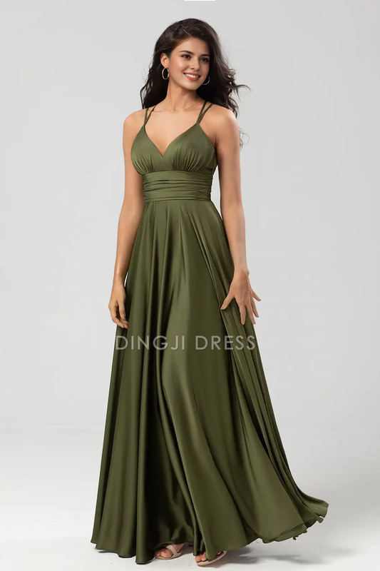 DingJiDress A Line V Neck Spaghetti Straps Backless With Pleated Elegant Party Dress Hot Sale Prom Dress