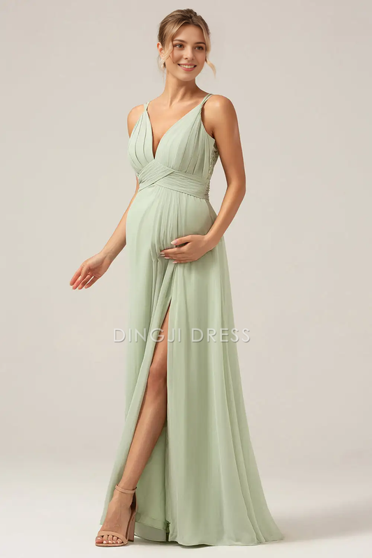 DingJiDress A Line V Neck Spaghetti Straps Pleated Lace Applique Backless Side Fork Pregnant Mother Elegant Party Dress Hot Sale Prom Dress