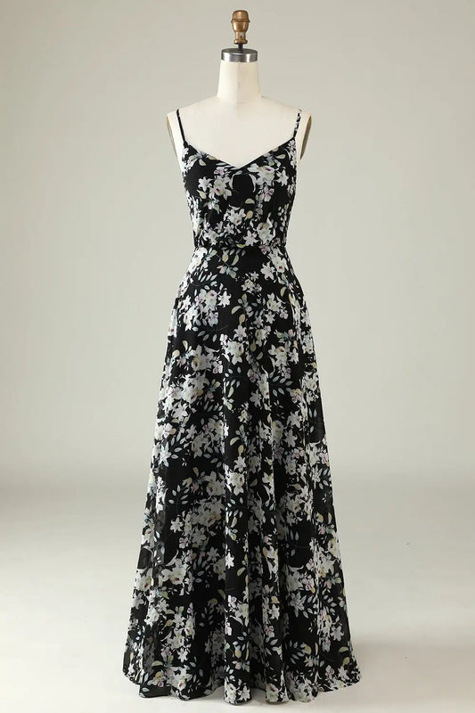 DingJiDress A Line V Neck Spaghetti Straps Retro Flower Printing Elegant Party Dress Hot Sale Prom Dress