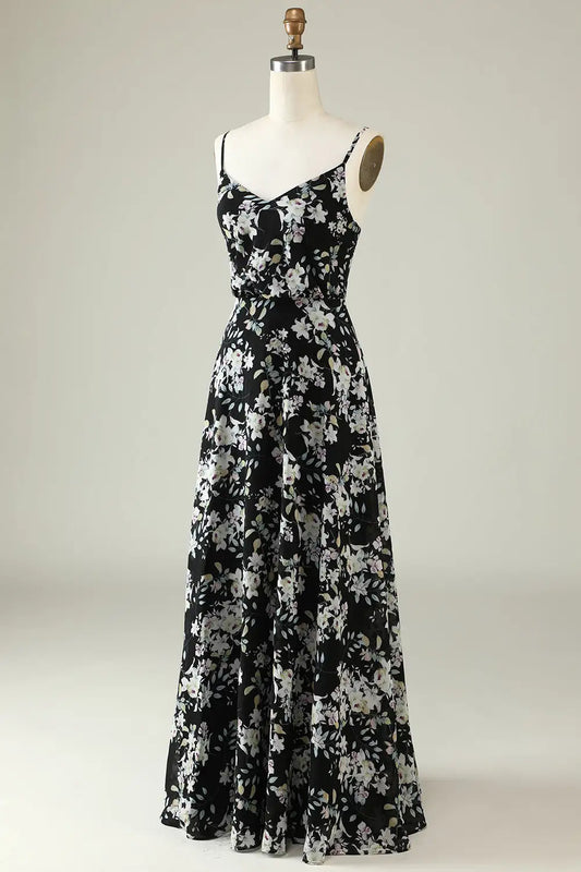 DingJiDress A Line V Neck Spaghetti Straps Retro Flower Printing Elegant Party Dress Hot Sale Prom Dress