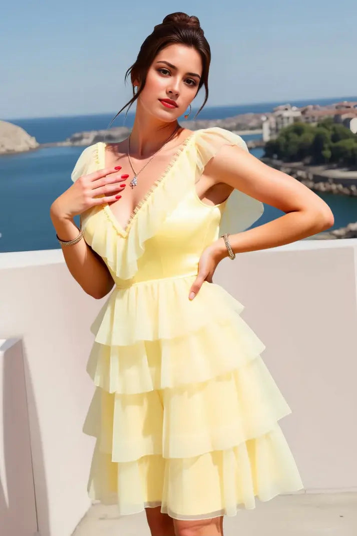 DingJiDress Exquisite A-Line V Neck Flutter Sleeves Tiered Ruched Backless Cute New Hot Sale Homecoming Dress