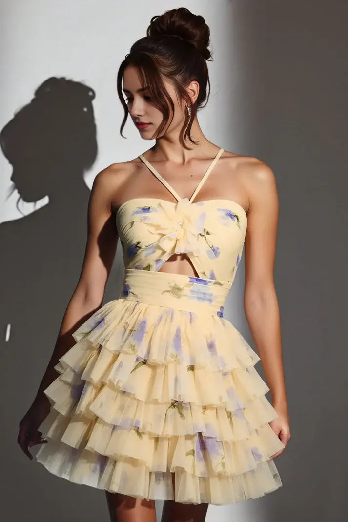 DingJiDress Exquisite Printing A-Line Halter Neck Keyhole Rosette Tiered Ruched Fashion Cute Cocktail Dress New Hot Sale Homecoming Dress