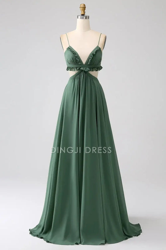 DingJiDress Fashion A Line Deep V Neck Spaghetti Straps Ruffles Hollow-Out Backless Party Dress Hot Sale Prom Dress