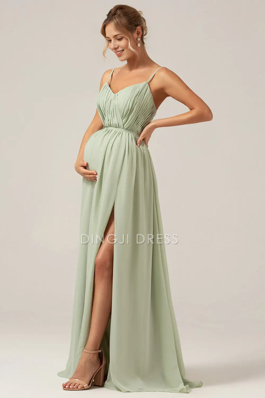 DingJiDress Fashion A Line V Neck Spaghetti Straps Pleated Backless Pregnant Mother Elegant Party Dress Hot Sale Prom Dress